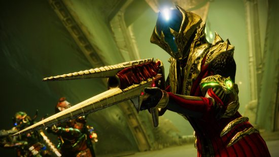 Destiny 2 gold armor: A guardian wearing gold and red armor points a sinister looking weapon