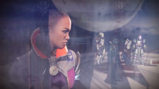 Destiny 2 Lightfall: Ikora Rey looks over her shoulder at a group of main Destiny 2 characters. The Traveler's reflection can be seen in the window