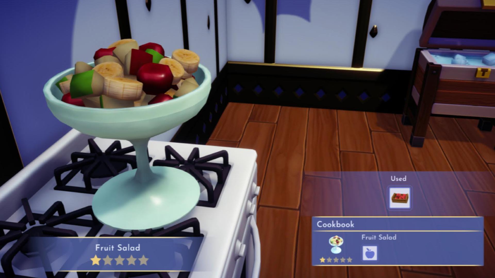 Disney Dreamlight Valley Best Recipes: The Fruit Salad can be seen on a stove