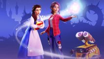 Disney Dreamlight Valley Founders Packs: The player can be seen with a Disney princess, Wall-E, and a dark background behind her
