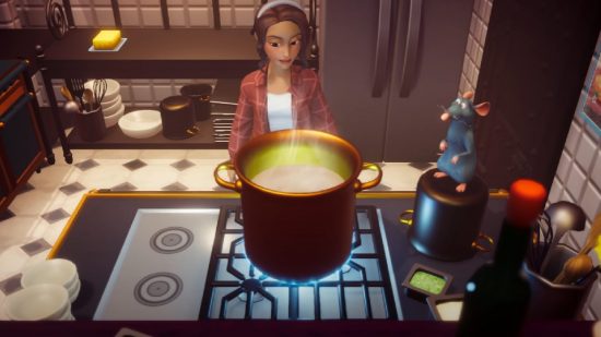 Disney Dreamlight Valley Unlock Cooking: Remi and the player can be seen in a kitchen