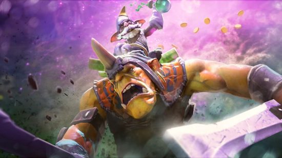 Dota 2 Battle Pass TI 11: A large ogre-like creature holds heavy swords in both hands, while a small elf-like creature resembling a lab professor rides in its back