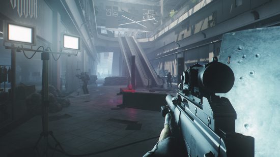 Escape From Tarkov lighting rework: a player aims in Interchange