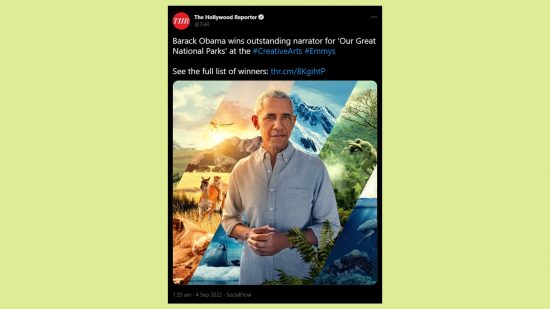 Far Cry 7 Obama edit cover spoof: an image of a tweet congratulating Obama on his Emmy win