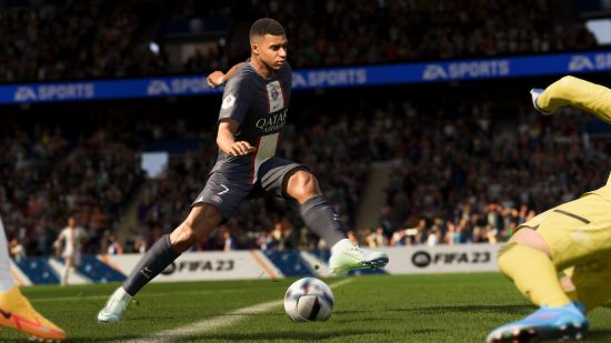 FIFA 23 best strikers - Kylian Mbappe performs a stepover while one on one with a goalkeeper