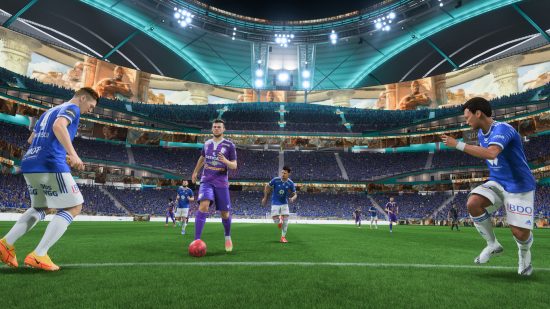 FIFA 23 cheapest players: Three players kick a ball in a floodlit stadium