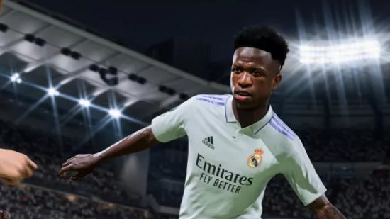FIFA 23 Puzzle Master SBC solution: A Real Madrid player looks tired as he runs under floodlights
