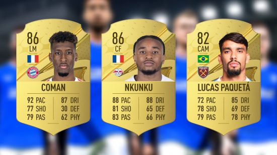 FIFA 23 ratings reveal top 5 star skills: an image of three FUT cards for Coman, Paqueta, and Nkunku