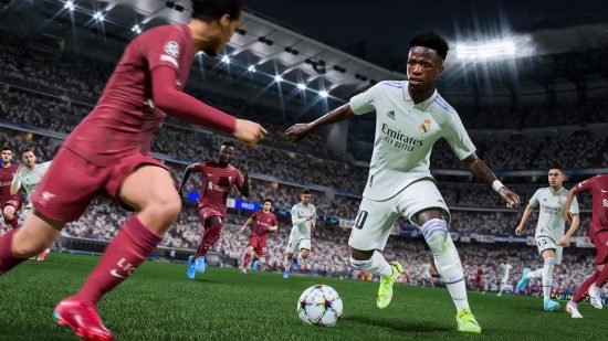 FIFA 23 settings: Real Madrid's Vinicius Jr dribbles with the ball in FIFA 23
