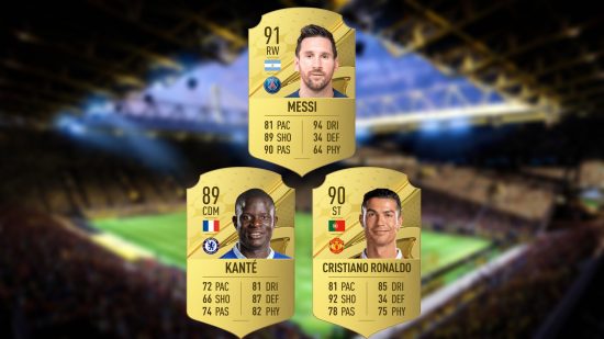 FIFA 23 top 23 ratings reveal pace: an image of three player cards, Ronaldo, Kante, and Messi