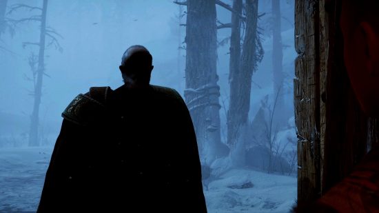God of War Ragnarok trailer Odin hidden: a man in a cloak in a doorway