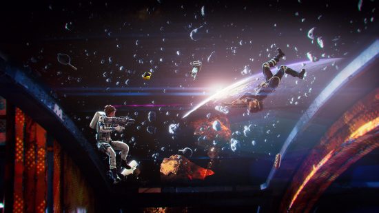 Hyenas FPS games marketing gravity: two players fight in an anti-gravity setting, one fighter is floating upside down