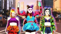 Just Dance 2023 online multiplayer: Three colourful cartoon dancers strike various poses