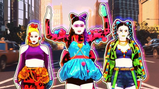 Just Dance 2023 online multiplayer: Three colourful cartoon dancers strike various poses
