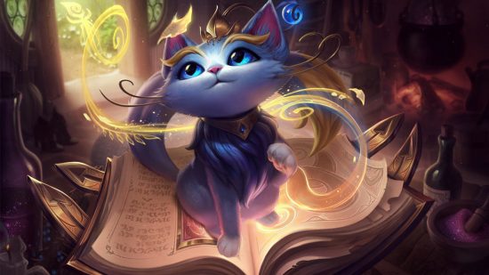 League of Legends book Ruination: Yuumi, LoL's cat-like champion, sits on a book