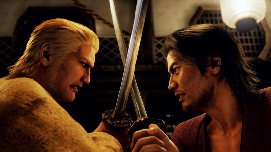 Like A Dragon Ishin battle styles fighting styles: an image of two people clashing swords