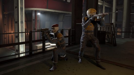 Marauders early access missions: Two space pirates point their guns in different directions in a port