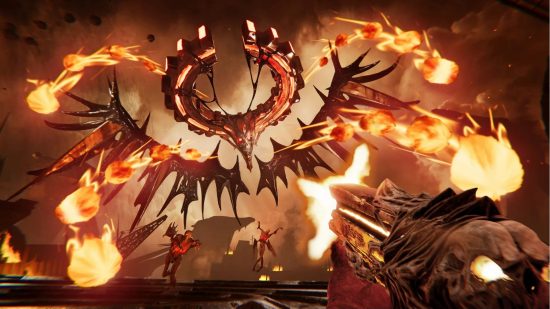 Metal Hellsinger Best Weapons: The player can be seen shooting a large demon