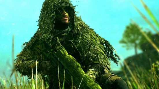 Modern Warfare 2 beta start time: an image of a man in a ghillie suit