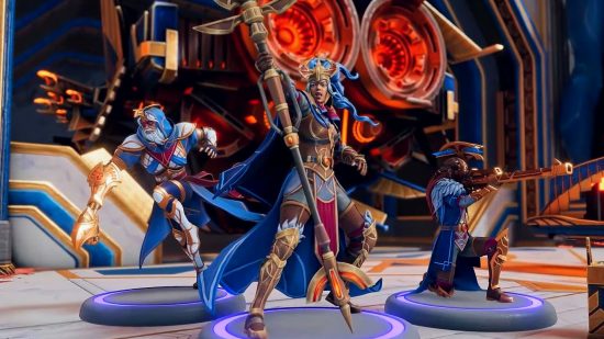 Moonbreaker console cross-play: Three figurines dressed in blue and gold armor