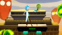 MultiVersus Rick release time: an image of Rick holding a pistol on stage