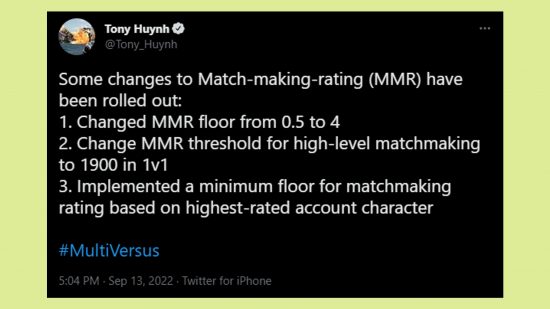 MultiVersus update MMR minimum change: an image of Tony Huynh's tweet