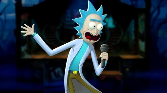 MultiVersus update Rick nerfs blaster: an image of Rick with a mic on a dark background