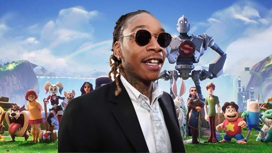Multiversus Wiz Khalifa: Wiz Khalifa in a black suit and sunglasses set against a picture of the multiversus roster