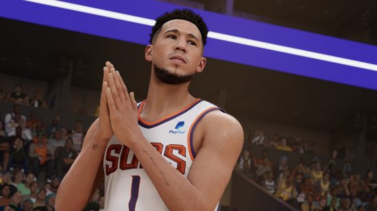 NBA 2K23 file size Xbox: a basketball player in a white jersey holds his hands together in a prayer motion