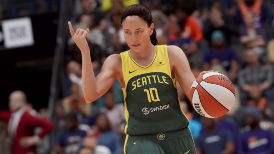 NBA 2K23 Game Pass: A player can be seen dribbling and signalling to other players