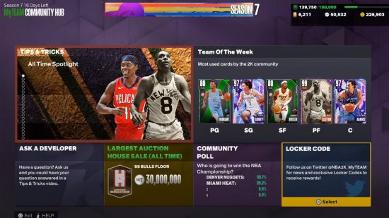 NBA 2K23 locker codes: The Community Hub screen in NBA 2K23 MyTeam