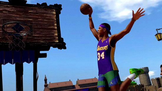 NBA 2K23 release time: a man dunking in a medieval court