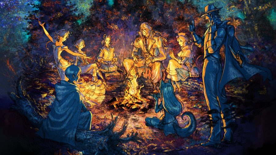 Octopath Traveler 2: All eight characters can be seen grouped around a campfire