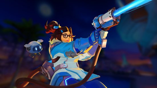 Overwatch 2 release time: an image of Mei shooting her ice gun on a dark background