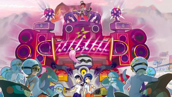 Pokemon Scarlet Violet engine pokemon: Artwork showing a team leader standing on top of a massive disco bus with strobe lights, while two trainers stand at the bottom surrounded by Team Star members
