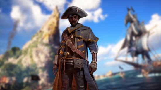 Skull and Bones release date: Pirate imposed in front of a Skull and Bones background shot