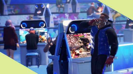 Street Fighter 6 Battle Hub: an image of a man shouting in front of an arcade cabinet