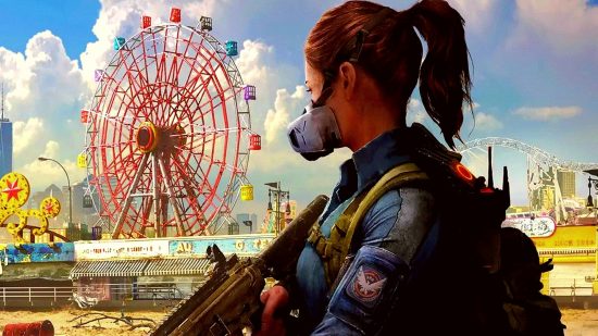 The Division Heartland release date: a woman in a gas mask looking at a rundown fairground