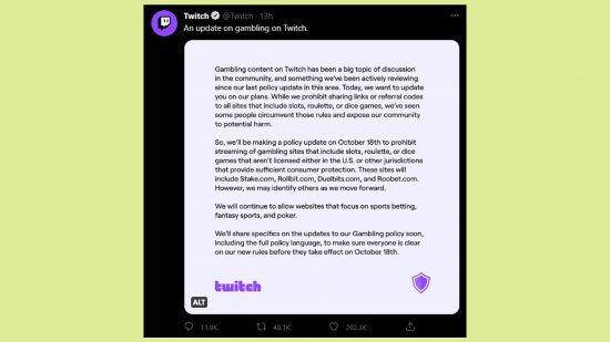 Twitch gambling Pokimane Ninja tweet: an image of Twitch's statement