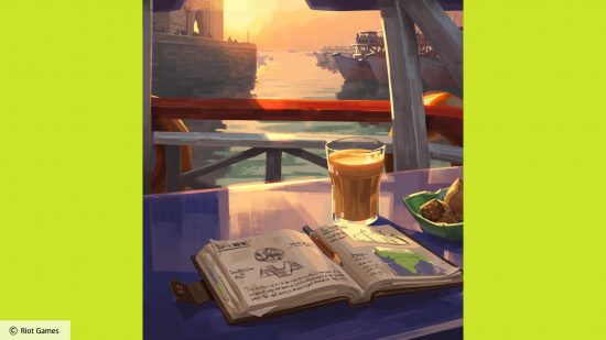Valorant new Agent 21 Mage Controller: a notebook on a table with coffee and samosas nearby, overlooking a harbour