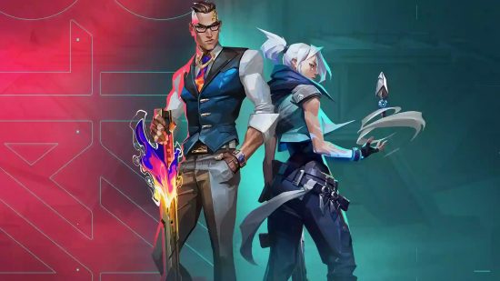 Valorant patch 5.05 notes: Chamber and Jett stand back to back in front of a red and blue background