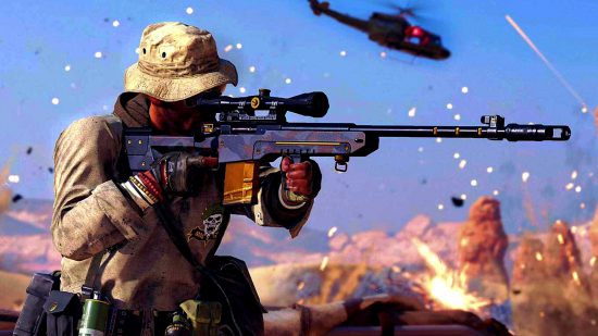 Warzone Season 5 Gorenko Anti-Tank Rifle meta: an image of a man holding a rifle in the desert