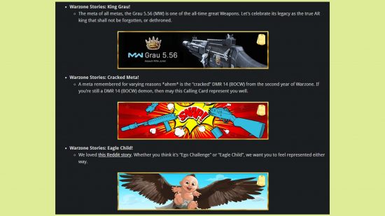 Warzone stories calling cards memes metas: an image of three calling cards described above