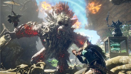 Wild Hearts: The players can be seen attacking a large monster