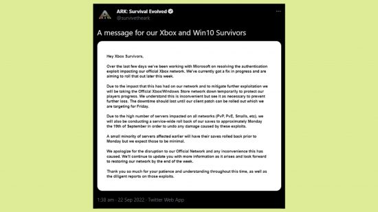 Xbox arc server maintenance: a tweet of the statement 