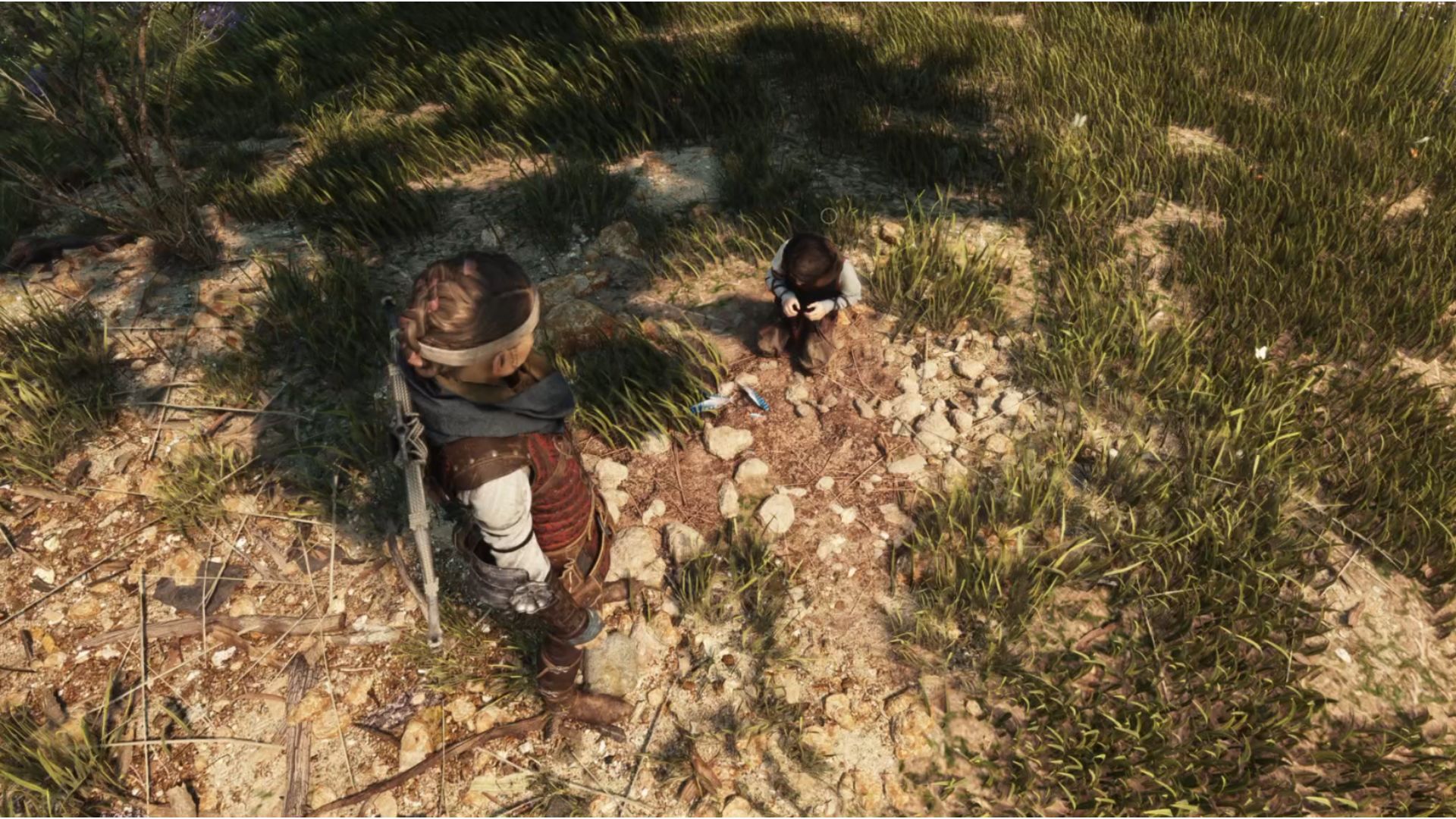 A Plague Tale Requiem Collectibles: Hugo can be seen crouching looking at the feather