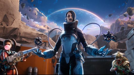 Apex Legends Catalyst trans love: Catalyst stands with her arms open in front of a moon, with Loba and Bloodhound flanking her