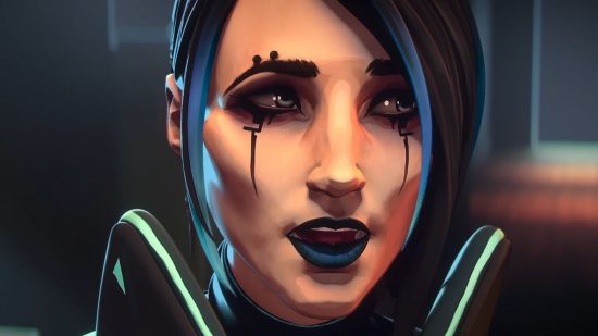 Apex Legends Catalyst voice actor: A closeup of Catalyst, who has black and blue streaked hair and thin black tattoos on her cheeks