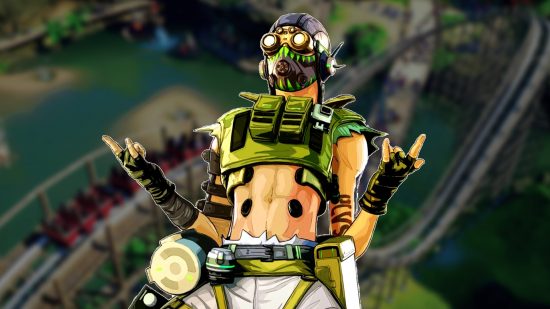 Apex Legends Planet Coasted theme park 18 months: an image of Octane cheering in front of a dull rollercoaster