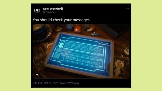 Apex Legends week news Season 15 teaser: an image of a tweet showing a tablet with three messages on it as described above